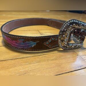 Angel Ranch Tooled Tab Feather Aarow Leather Brown Belt